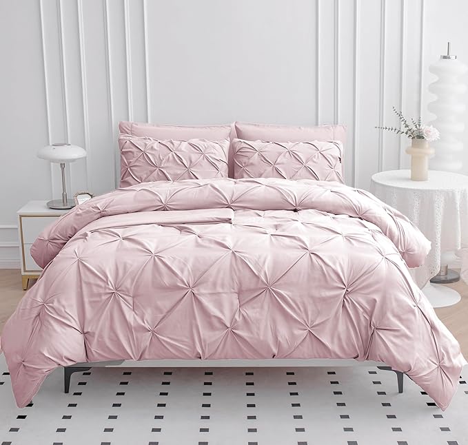 LANE LINEN Pink Comforter Set Queen Size with Sheets, Pillowcases & Shams, Pintuck Bedding Queen Size, Soft Queen Size Bed in a Bag Set, Pinch Pleated Queen Bed Comforter Set, Queen Bed Set for Girls - LeafyLoom