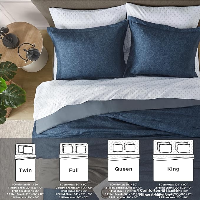 Chambray Queen Comforter Set - Blue Denim Queen Size Bedding Sets, 7 Pieces Soft Bedding for All Seasons with Comforter, Sheets, Pillowcases & Shams - LeafyLoom