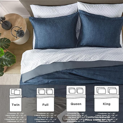 Chambray Queen Comforter Set - Blue Denim Queen Size Bedding Sets, 7 Pieces Soft Bedding for All Seasons with Comforter, Sheets, Pillowcases & Shams - LeafyLoom