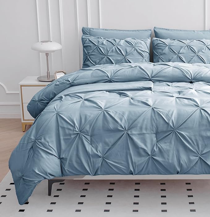 LANE LINEN King Size Comforter Set with Sheets, Complete 7 Piece King Comforter Set, Pintuck King Bedding Set, Soft King Size Bed in a Bag Set, Premium King Bed Set, Pillowcases & Shams - French Blue - LeafyLoom