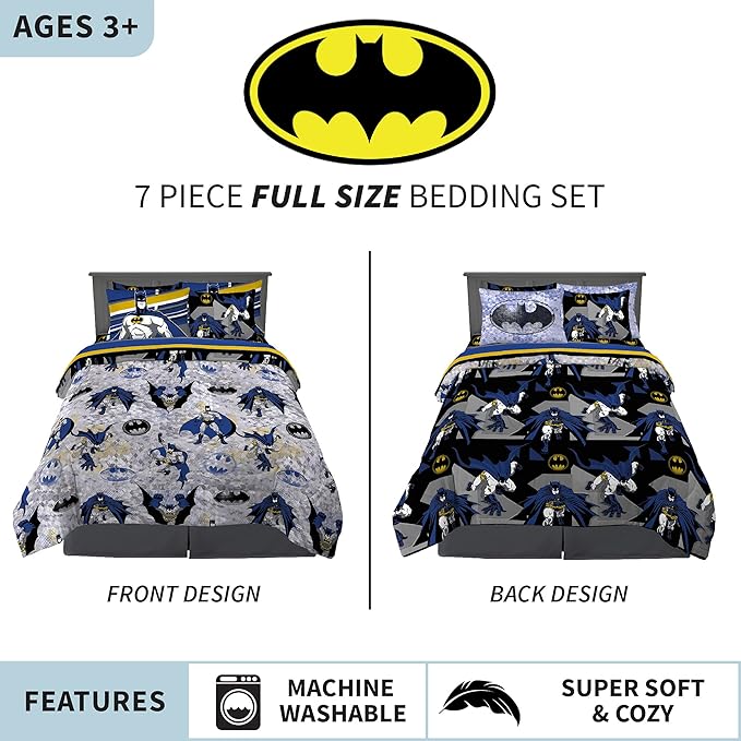 Franco Kids Bedding Super Soft Comforter and Sheet Set with Sham, 7 Piece Full Size, Batman - LeafyLoom