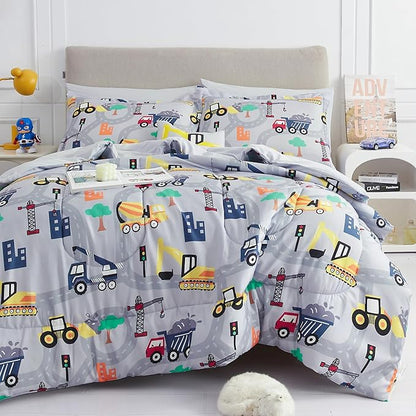 Mooreeke Bed in a Bag for Kids Boys Teens, 6 Pieces Twin Size Comforter Bed Set with Shams, Sheet Set and Decorative Toy Pillow, Excavator Super Soft Microfiber Kids Comforter Bedding Set - LeafyLoom