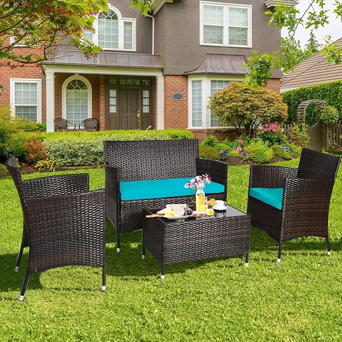 LUARANE 4-Piece Rattan Patio Furniture Set, Outdoor Wicker Sofa Couch Table Set, w/Thick Seat Cushions Tempered Glass Coffee Table, Conversation Set for Lawn Garden Poolside Backyard (Turquoise) - LeafyLoom