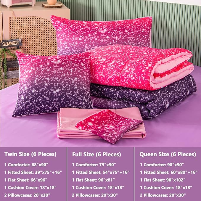 PERFEMET Purple Glitter Comforter Set Twin Size 6 Pieces Bed in A Bag for Teen Girls 3D Colorful Rainbow Bedding Comforter Sheet Set Ultra Soft Galaxy Quilted Duvet - LeafyLoom