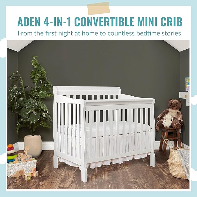 Aden 4-in-1 Convertible Mini Crib In White, Greenguard Gold Certified, Non-Toxic Finish, New Zealand Pinewood, With 3 Mattress Height Settings - LeafyLoom