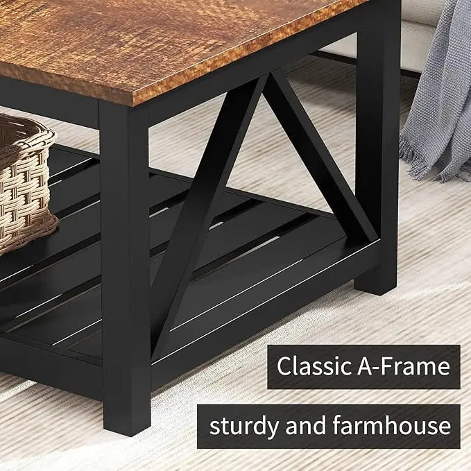 ChooChoo Black Coffee Table, Rustic Vintage Table with Shelf for Living Room, 40 Inch - LeafyLoom