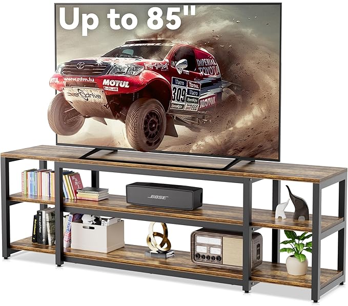 Aquzee Large TV Stand for up to 85 Inch TVs, Under TV Console Table with 3-Tier Shelves, Industrial Retro TV Cabinet and Entertainment Center for Living Room, Bedroom, Gaming Room - LeafyLoom