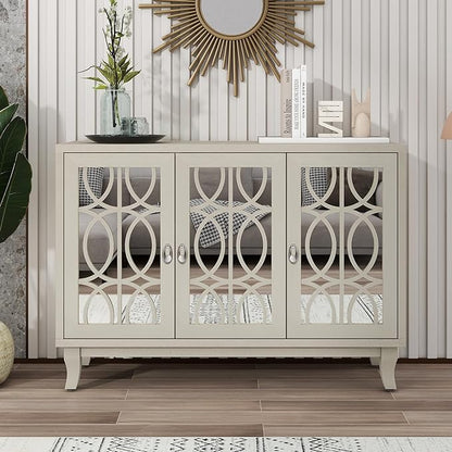 Multifunctional Sideboard with Glass, Vintage 3 Door Mirrored Buffet Cabinet,W/Silver Handle,Easy to Assemble,Console Table for Living Room Hallway Entryway,Champagne Gold, 47.2" - LeafyLoom