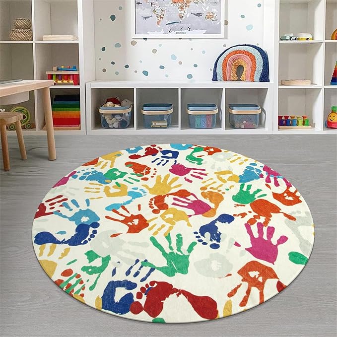 Large Round Rug for Classroom 6 Ft, Colorful Circle Rug for Nursery, Washable Kids Rug for Playroom, Soft Circular Carpet Handprints and Footprints Play Mat for Kids Bedroom Toy Room - LeafyLoom