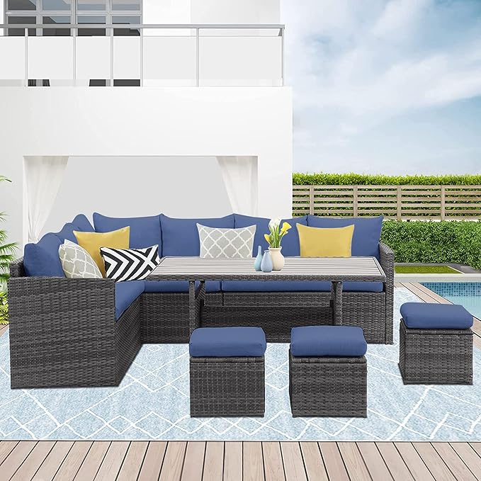 Wisteria Lane Outdoor Patio Furniture Set, 7 Piece Outdoor Dining Sectional Sofa with Dining Table and Chair, All Weather Wicker Conversation Set with Ottoman,Blue - LeafyLoom