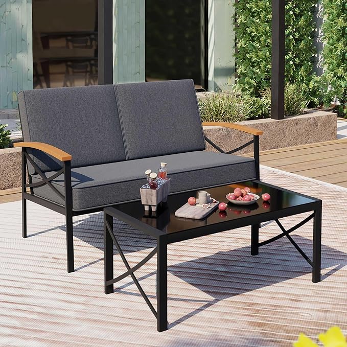 Shintenchi 2 Piece Outdoor Patio Furniture Set, Metal Sofa Chair Conversation Set, Including Loveseat and Coffee Table for Backyard, Patio, Balcony, Poolside (Dark Grey) - LeafyLoom