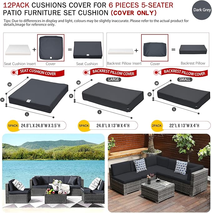 ClawsCover 12Pack Outdoor Seat and Back Cushions Replacement Covers Fit for 6Pieces 5-Seater Wicker Rattan Patio Furniture Conversation Set Sectional Couch Chairs,Dark Grey-Include Cover Only - LeafyLoom