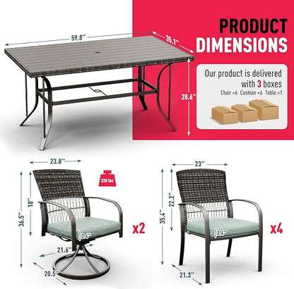 Pamapic 7 Piece Outdoor Dining Set, Rattan Outdoor Patio Furniture Set for Backyard with Iron Outdoor Dining Table, 4 Swivel Deck Chairs, 2 Wicker Chairs and Removable Cushions (Green) - LeafyLoom