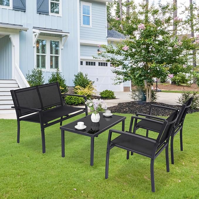 4 Pieces Patio Furniture Set Outdoor Garden Patio Conversation Sets Poolside Lawn Chairs with Tempered Glass Coffee Table Loveseat Porch Furniture Textilene Fabric Black - LeafyLoom