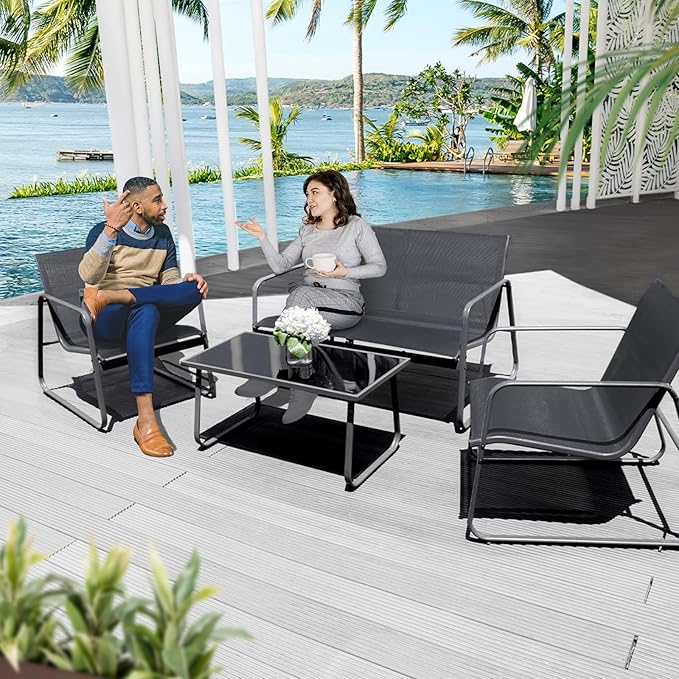 4 Pieces Patio Furniture Set Outdoor Patio Conversation Sets Poolside Lawn Chairs with Glass Coffee Table Porch Furniture for Courtyard, Garden and Balcony (Black) - LeafyLoom