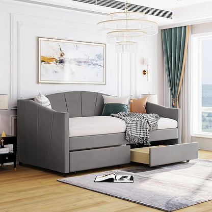 Twin Size Upholstered Daybed with Two Drawers, Wood Slat Support Sofa Bed with Armrest, No Box Spring Needed, Easy to Assemble, for Studio, Bedroom, Living, Guest Room, Gray - LeafyLoom