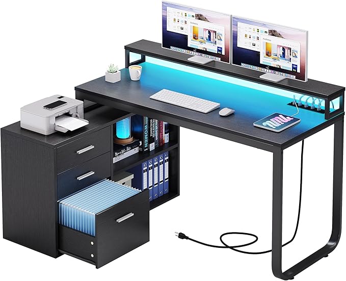 YITAHOME L Shaped Desk with Power Outlets & LED Lights & File Cabinet, 55" Corner Computer Desk with 3 Drawers and 2 Storage Shelves, Home Office Desk with Monitor Stand, Black - LeafyLoom