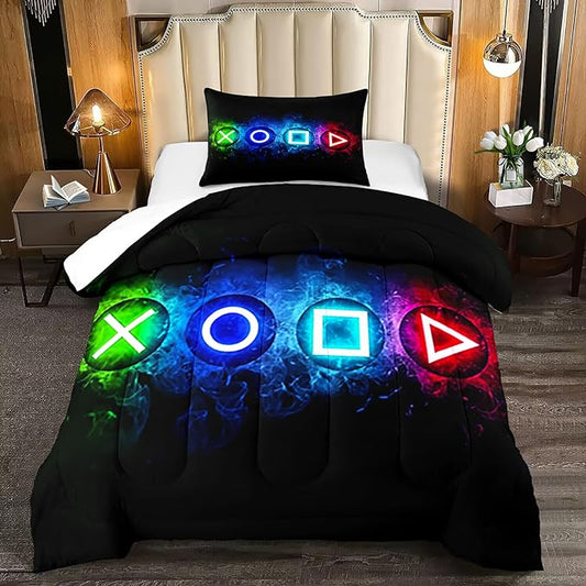 Gamer Comforter Sets for Boys, Twin Gaming Bedding Sets for Boys, Black Video Game Gamepad Twin Bed Sets for Boys Kids Bedroom Home Decor, 1 Comforter and 1 Pillowcase - LeafyLoom