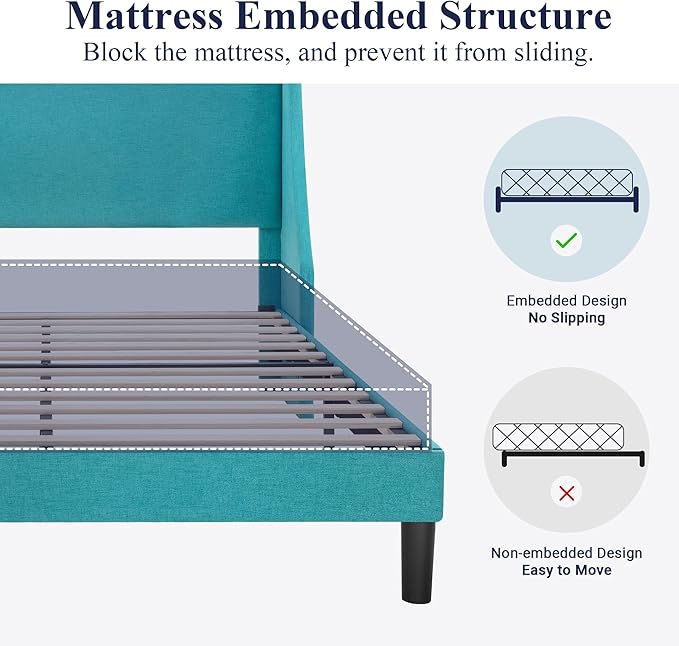 Allewie Queen Bed Frame, Platform Bed Frame Queen Size with Upholstered Headboard, Modern Deluxe Wingback, Wood Slat Support, Mattress Foundation, Peacock Green - LeafyLoom