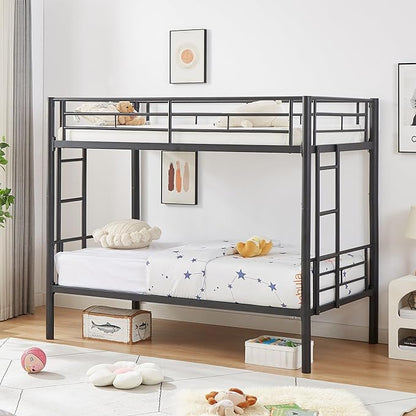 VECELO Metal Bunk Bed Twin Over Twin, Industrial Bunkbeds with Ladder and Full-Length Guardrail, Noise Free, No Boxing Spring Needed, Black - LeafyLoom