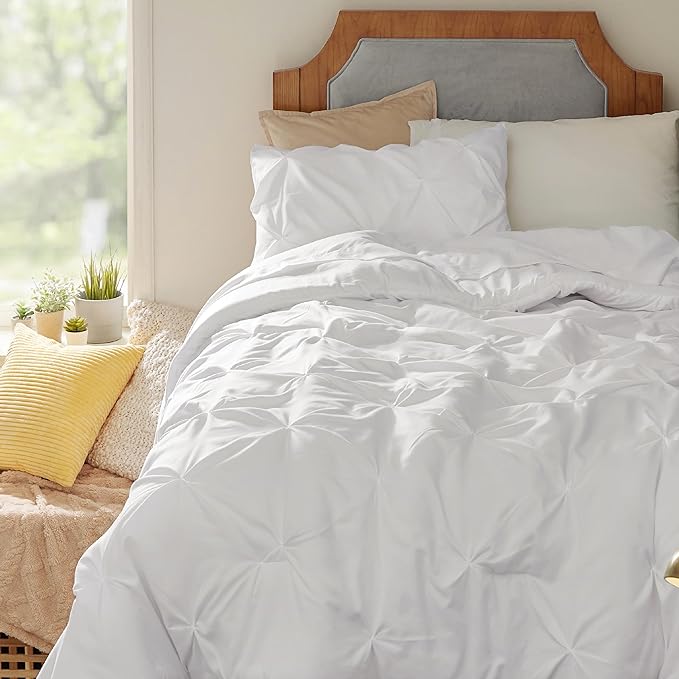 Bedsure Twin XL Comforter Set - Extra Long 5 Pieces Dorm Bedding Sets, Pinch Pleat White Bed in a Bag with Comforter, Sheets, Pillowcase & Sham - LeafyLoom