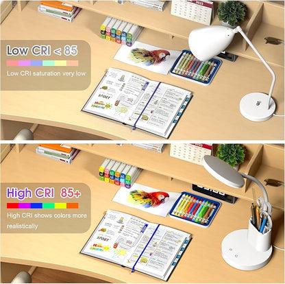 comzler Small Desk Lamp for Kids, LED Desk Lamps with Pen Phone Holder, White Desk Light for Home Office,8W 3 Modes Dimmable LED Desk Light for Kids, Desktop Study Lamps for Bedrooms - LeafyLoom