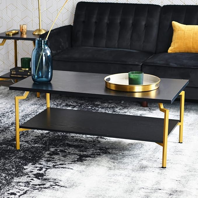 Household Essentials Crown Rectangular Coffee Table with Storage Shelf Black Oak Wood Grain and Gold Metal - LeafyLoom