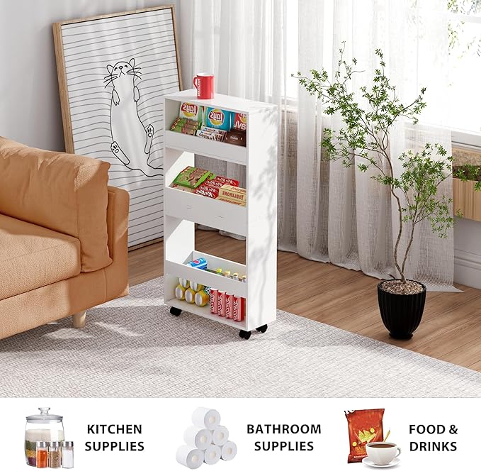 Slim Storage Cart, 4-Tier Kitchen Rolling Cart Narrow Mobile Utility Organizer for Bathroom Livng Room Laundry Room Small Spaces, White - LeafyLoom