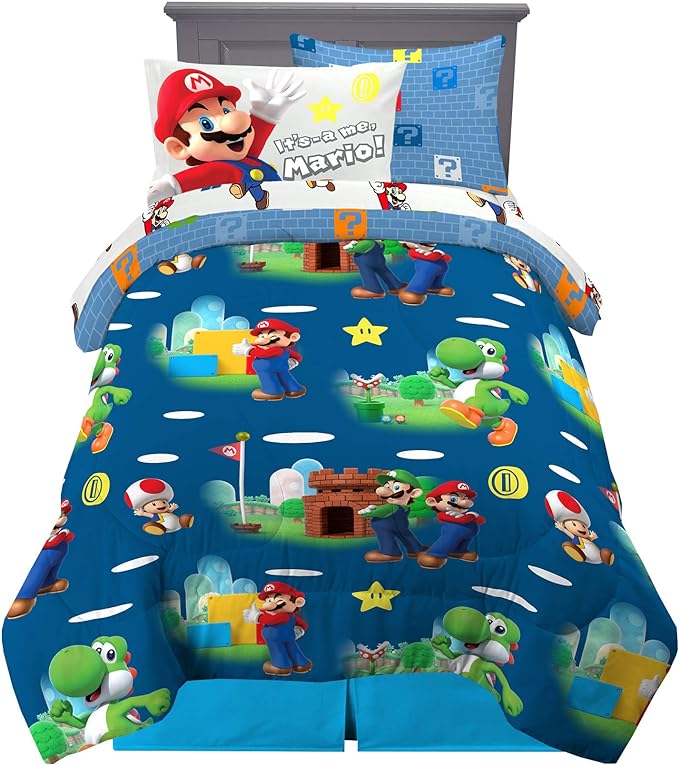 Franco Kids Bedding Super Soft Comforter and Sheet Set with Sham, 5 Piece Twin Size, Mario - LeafyLoom