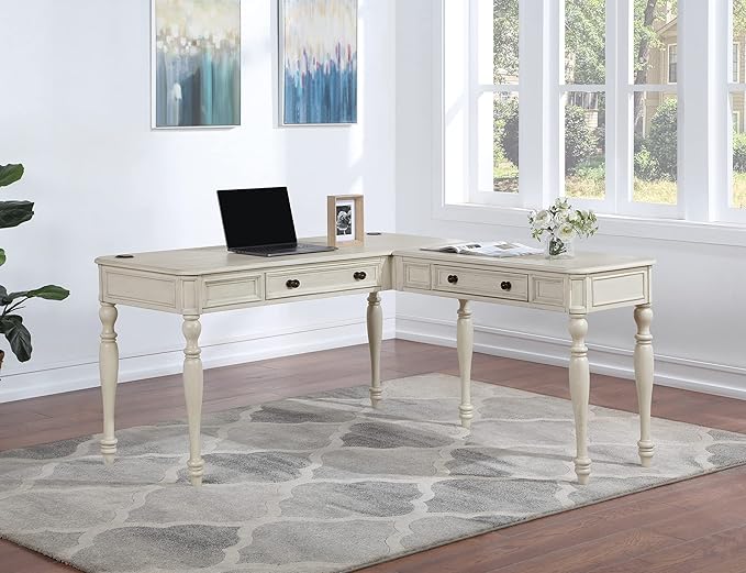 OSP Home Furnishings Country Meadows L-Shape Desk with 2 Full Drawers and Power Hub, Antique White - LeafyLoom