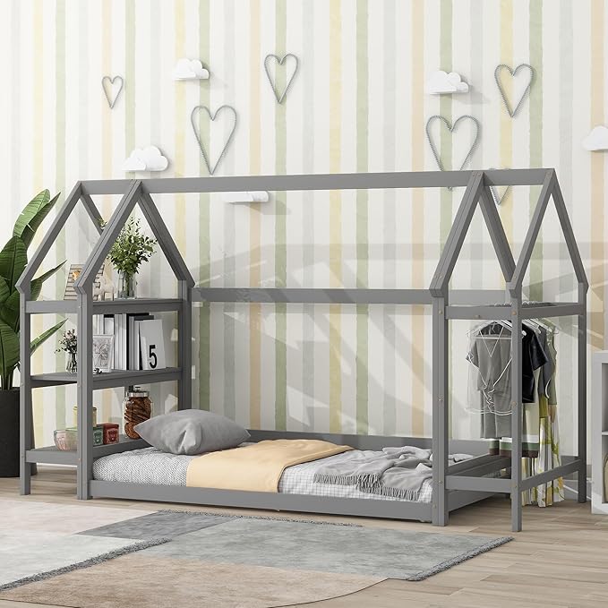 Twin Size Wood House Bed,Wood Platform Bed with Storage Shelves and Hanger,Floor Twin Size Montessori Bed Frame, Kids Boys Girls Bedroom,Living Room,No Box Spring Required,Grey - LeafyLoom