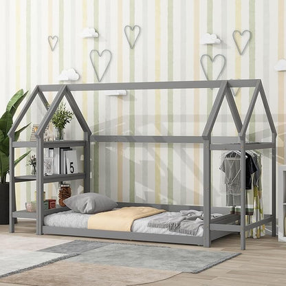 Twin Size Wood House Bed,Wood Platform Bed with Storage Shelves and Hanger,Floor Twin Size Montessori Bed Frame, Kids Boys Girls Bedroom,Living Room,No Box Spring Required,Grey - LeafyLoom