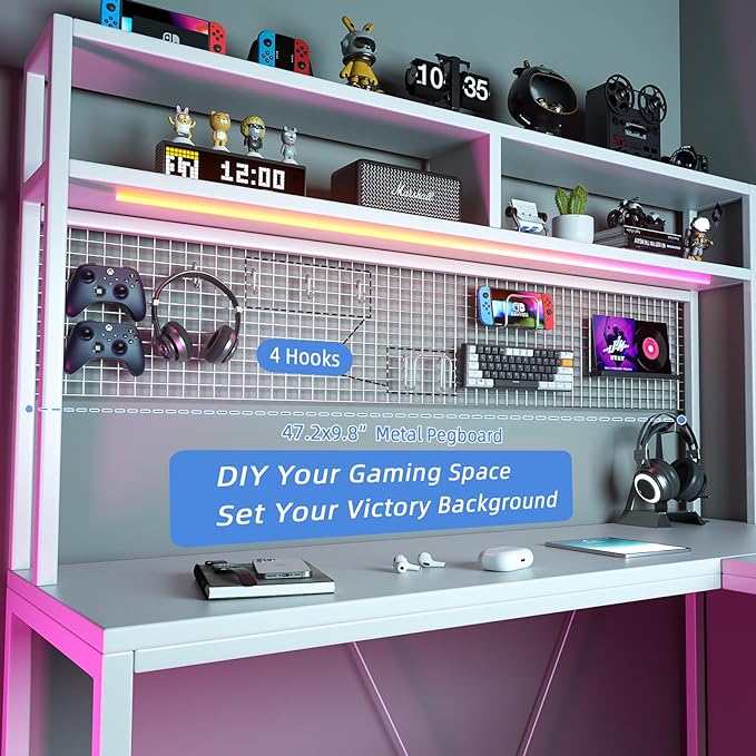 L Shaped Desk with Hutch - 67" L Shaped Gaming Desk with LED Lights, Corner Computer Desk with Storage Shelves, L Shaped Office Desk with Pegboard, White - LeafyLoom