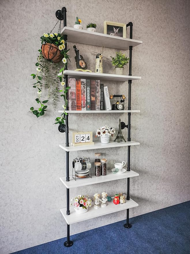 Pipe Shelves, Wall Mounted Wood Metal Industrial Shelves, Ladder Bookshelf for Living Room (White, 10" D x 30" W x 82.5" H) - LeafyLoom