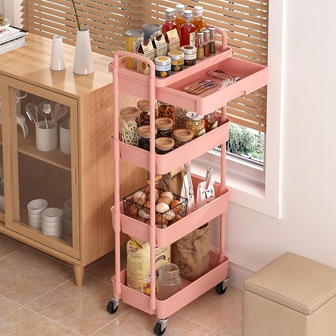 4-Tier Rolling Cart，Trolley with Drawer, Kitchen Storage Organizer with Plastic Shelf & Metal Wheels, Storage Cart for Living Room, Kitchen, Office, Bathroom, Pink - LeafyLoom