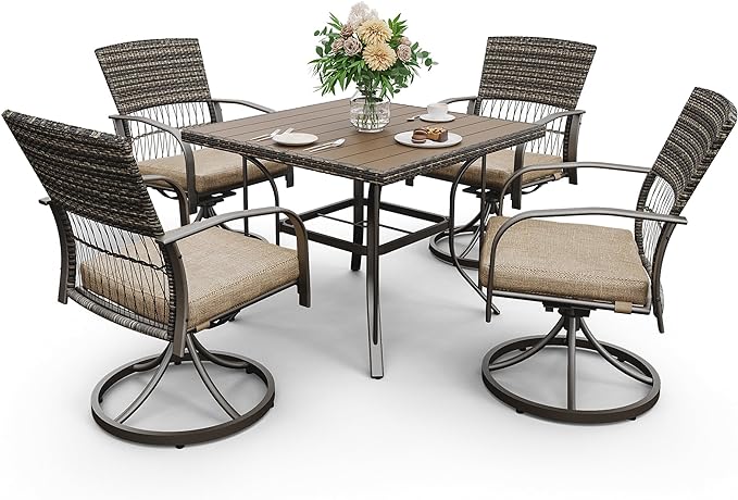 Pamapic 5 Piece Outdoor Dining Set, Rattan Outdoor Patio Furniture Set for Deck Backyard with Plastic-Wood Outdoor Dining Table, 4 Swivel Outdoor Dining Chairs and Removable Cushions (Beige) - LeafyLoom