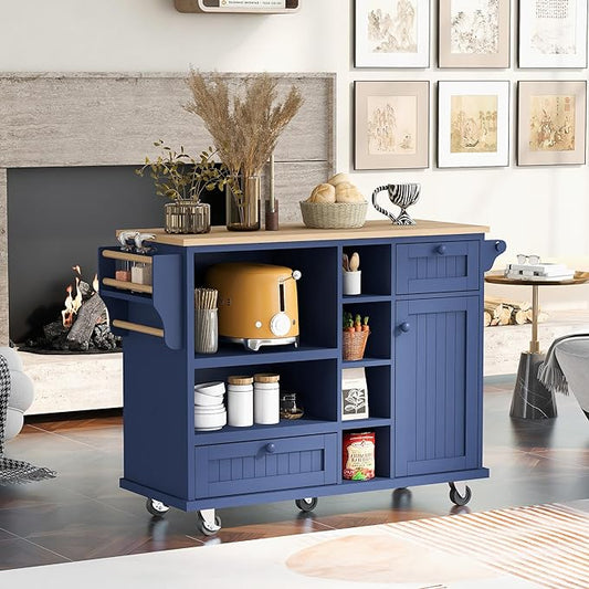 Mobile Cart with Storage Cabinet & Solid Wood Desktop, Kitchen Island on Wheels w/Adjustable Shelf and Drawer, Floor Standing Buffet Server Sideboard for Dining Room, Bar, Dark Blue, 50.8 Inch - LeafyLoom