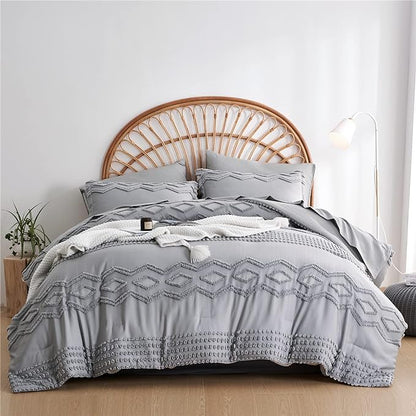 KAKIJUMN Grey Tufted Comforter Set King Size 7 Piece Bed in a Bag, Shabby Chic Boho Comforter and Sheet Set, Pom Pom Textured Bed Set, All Season Soft Microfiber Complete Bedding Set(Grey,King) - LeafyLoom