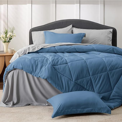 Bedsure Blue Twin Comforter Set - 5 Pieces Reversible Blue Bedding Set Twin, Blue Extra Long Bed Set with Comforters, Sheets, Pillowcase & Sham - LeafyLoom