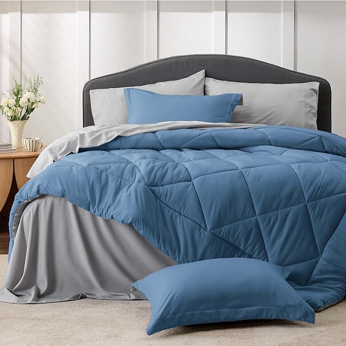 Bedsure Blue Comforter Set Queen - 7 Pieces Reversible Blue Bed in a Bag with Comforters, Sheets, Pillowcases & Shams, Queen Blue Bed Set - LeafyLoom