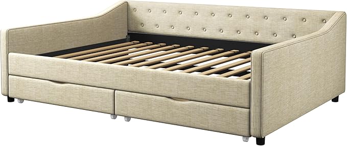 Full Size Upholstered Daybed with Button Tufted Back and Waved Shape Arms,Elegant Wood Storage Sofa Bed w/Two Drawers,Slat Support,for Apartment,Bedroom,Beige - LeafyLoom