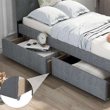 Bellemave Upholstered Twin Size Platform Bed Frame with 2 Storage Drawers and Headboard, Linen Fabric Simple Style, Solid Wooden Slats Support, No Box Spring Needed, Grey - LeafyLoom