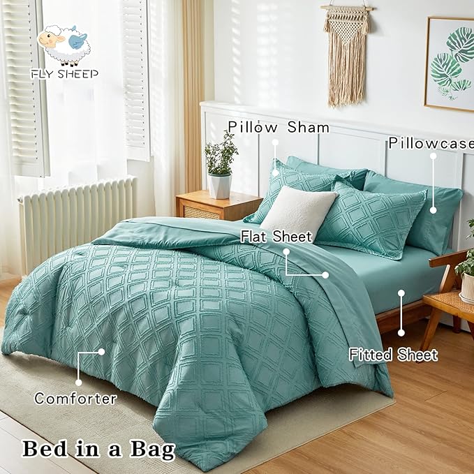 6 Pieces Tufted Bed in a Bag Twin Comforter Set with Sheets Green, Soft and Embroidery Shabby Chic Boho Bohemian Design, Luxury Solid Color with Diamond Pattern, Jacquard Tufts Bedding Set for Kids - LeafyLoom