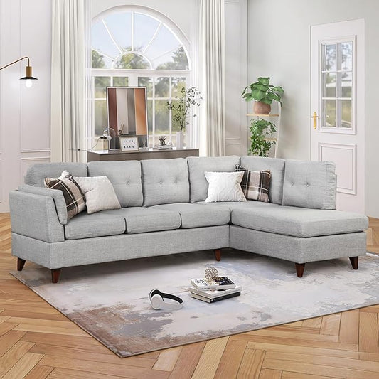 Modern Linen Fabric Sofa with Chaise Lounge, L-Shape Couch with one Lumbar Pad, Comfy Button Tufted Backrest, 4 Seat Corner Sectional Set for Living Room Furniture Office, 97.2", Grey-L - LeafyLoom