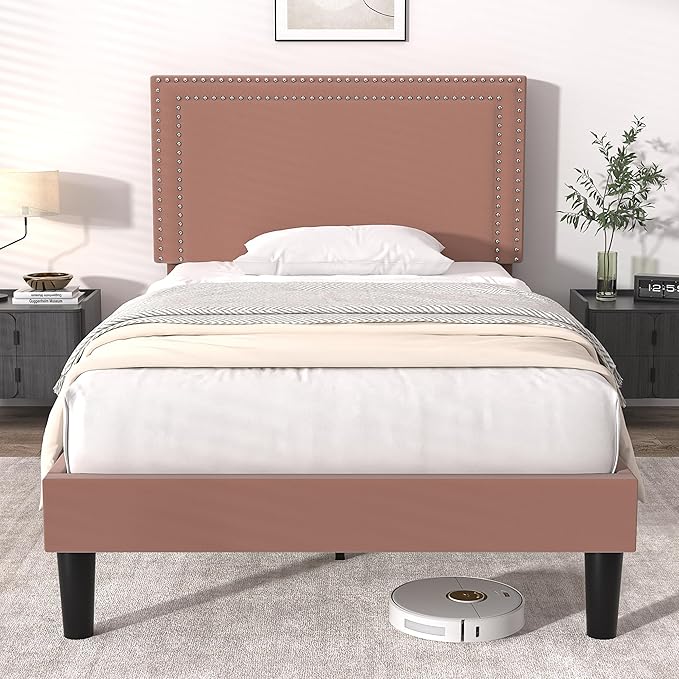 VECELO Twin Size Platform Bed Frame with Adjustable Upholstered Headboard, Modern Mattress Foundation, Strong Wood Slat Support, No Box Spring Needed, Easy Assembly - LeafyLoom