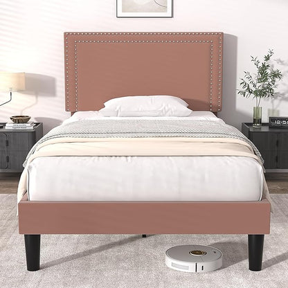 VECELO Twin Size Platform Bed Frame with Adjustable Upholstered Headboard, Modern Mattress Foundation, Strong Wood Slat Support, No Box Spring Needed, Easy Assembly - LeafyLoom