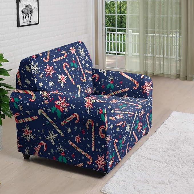 FKELYI Christmas Easy Going Stretch Sofa Slipcover Blue Candy Cane Furniture Protector Easy Going Stretch Sofa Slipcovers with Elastic Bottom S FKELYI