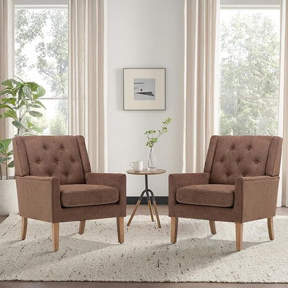 COLAMY Mid-Century Accent Chairs, Modern Wingback Living Room Chair, Upholstered Armchair with Button Tufted Back and Wood Legs for Bedroom/Office/Reading Spaces, Brown - LeafyLoom