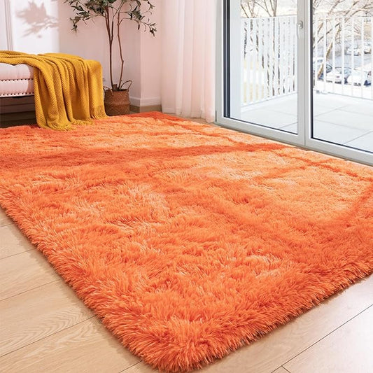 Softlife Area Rug for Living Room, 5x8 Feet Plush Fluffy Rug for Bedroom, Orange Furry Shag Rug for Aesthetic Christmas Room Decor, Ultra Soft Modern Fuzzy Faux Fur Carpet for Kids Nursery Room Dorm - LeafyLoom