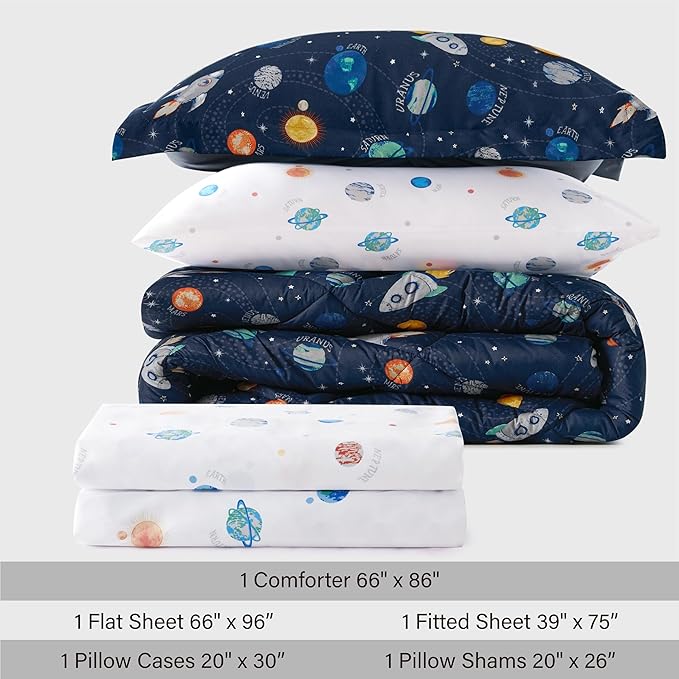 Twin Size Space Kids Bedding Set for Girls, 5 Pieces Super Soft Lightweight Microfiber Comforter Set with Sheets, Space Bedding Twin, Bed in a Bag, Durable Children Bed Set - LeafyLoom